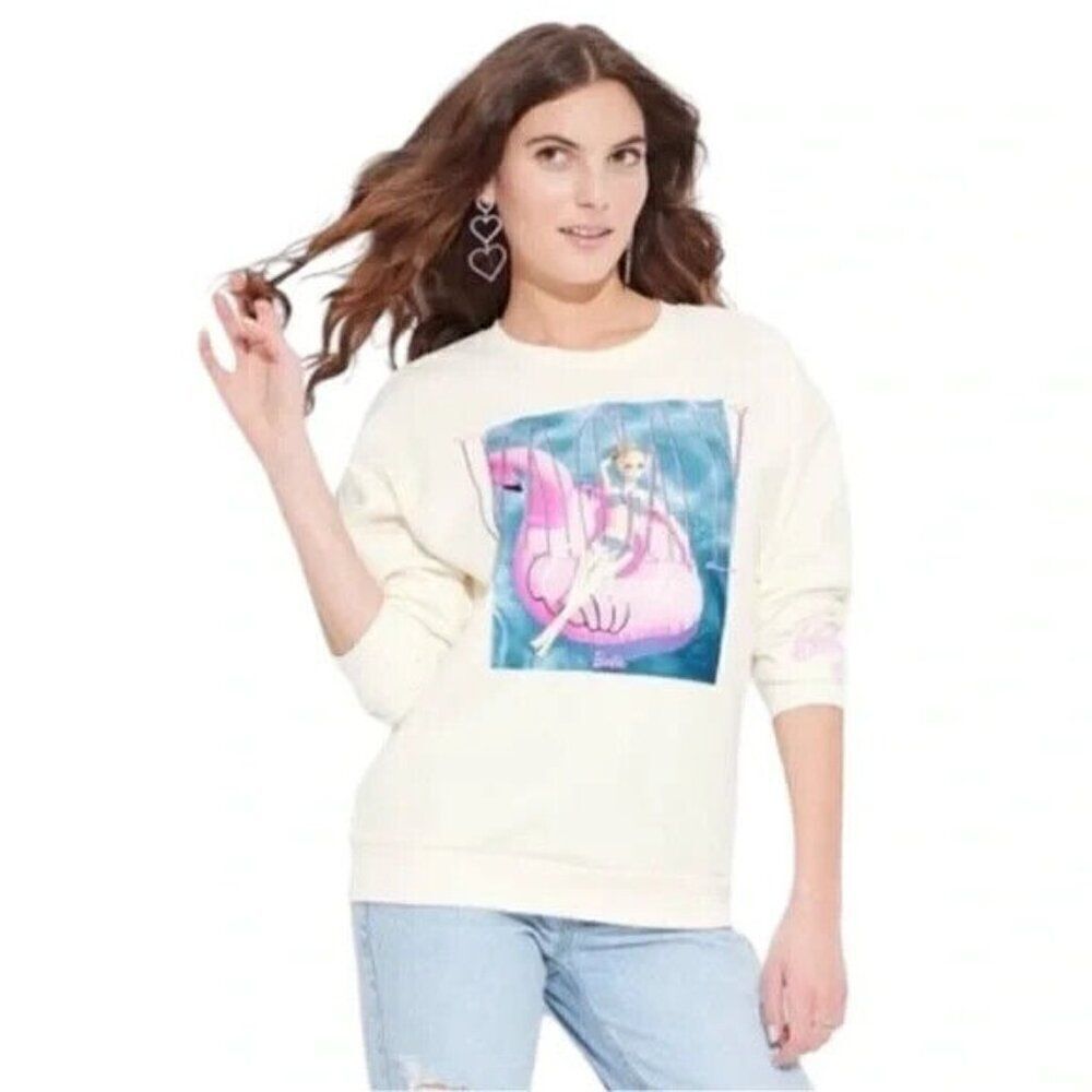 Barbie Womens Vacation Mode Graphic Sweatshirt Off White Extra Small NWOT